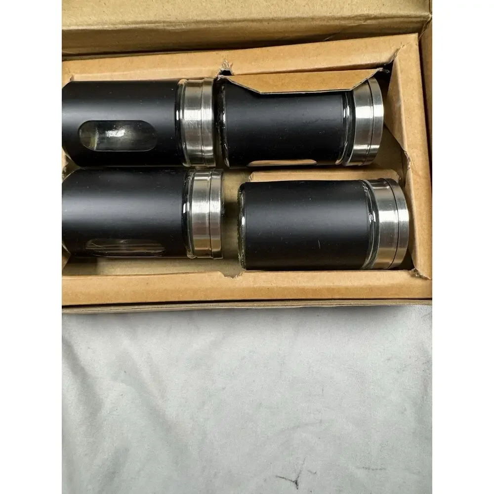 GOOHERA 4 Pc Glass Spice Jar Set Black Stainless Steel Shaker Lids Open Box